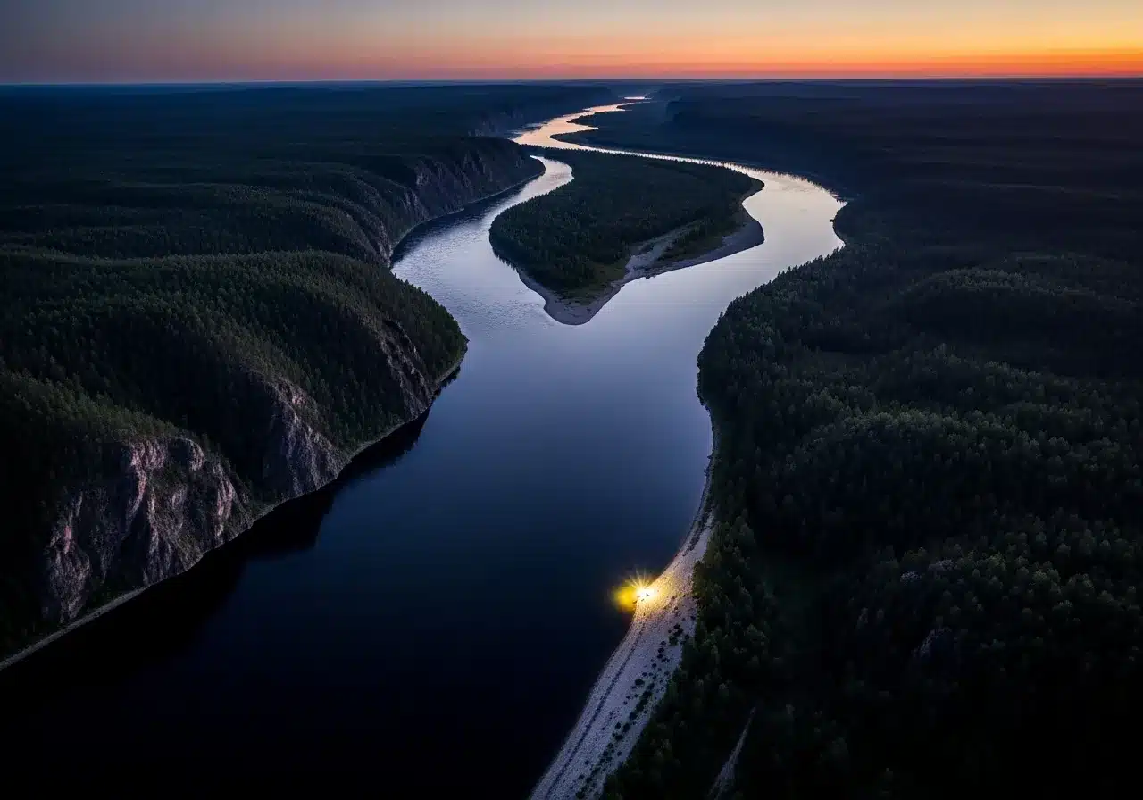 River at twilight, single light on shoreline.