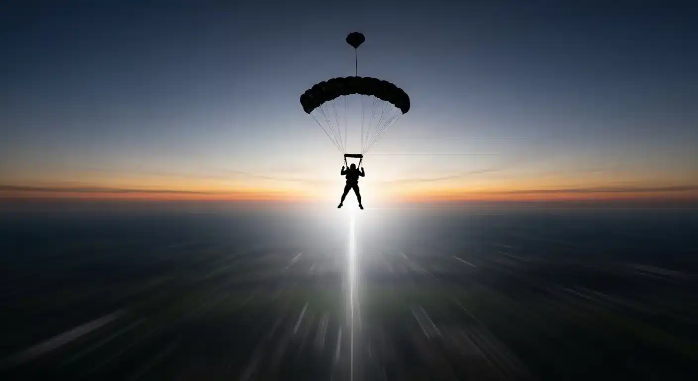 Silhouetted parachutist descending rapidly at twilight.