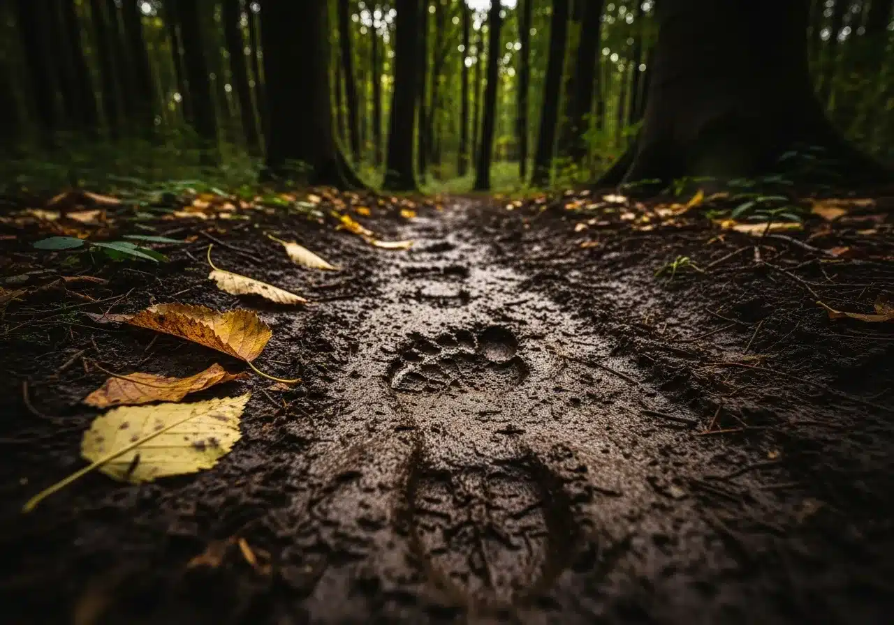 Muddy footprints leading into a forest.