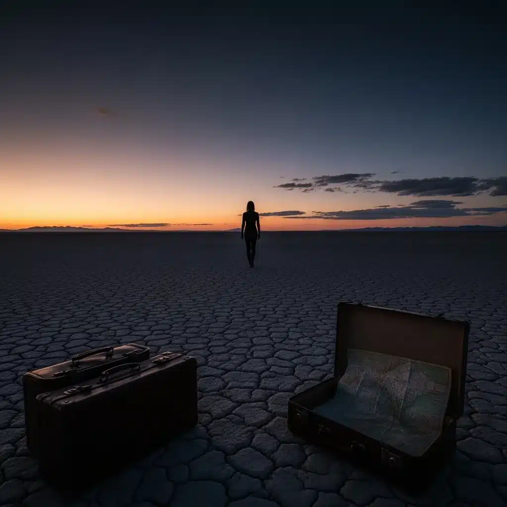 Silhouette disappearing into a twilight landscape.