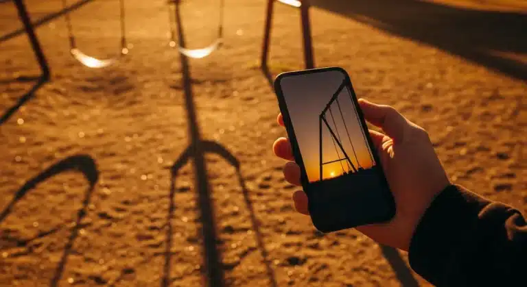 Hand holding a phone, casting a shadow. Empty swing set.