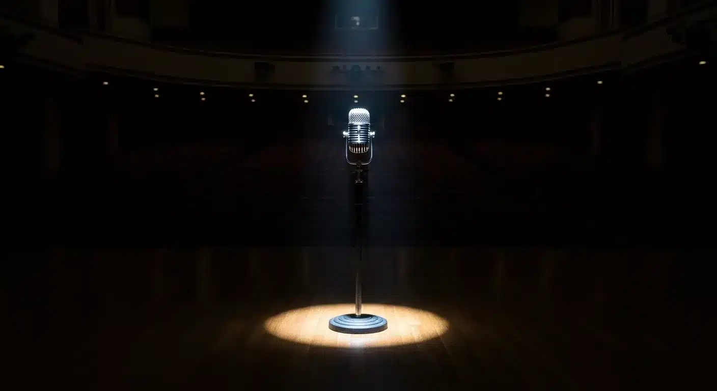A lone microphone on stage, spotlit in a dark auditorium.