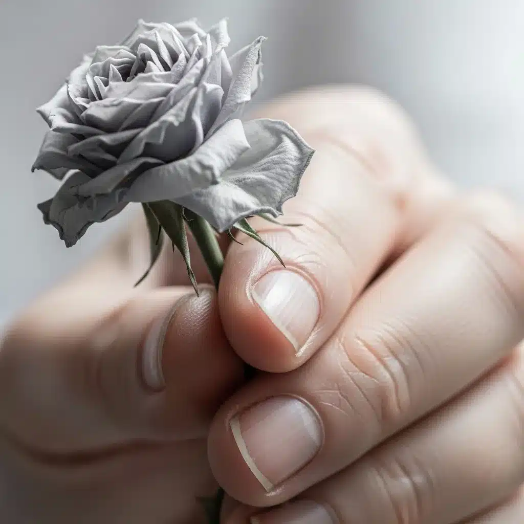 Hand holding a wilting flower, soft lighting. Represents fading reputation.