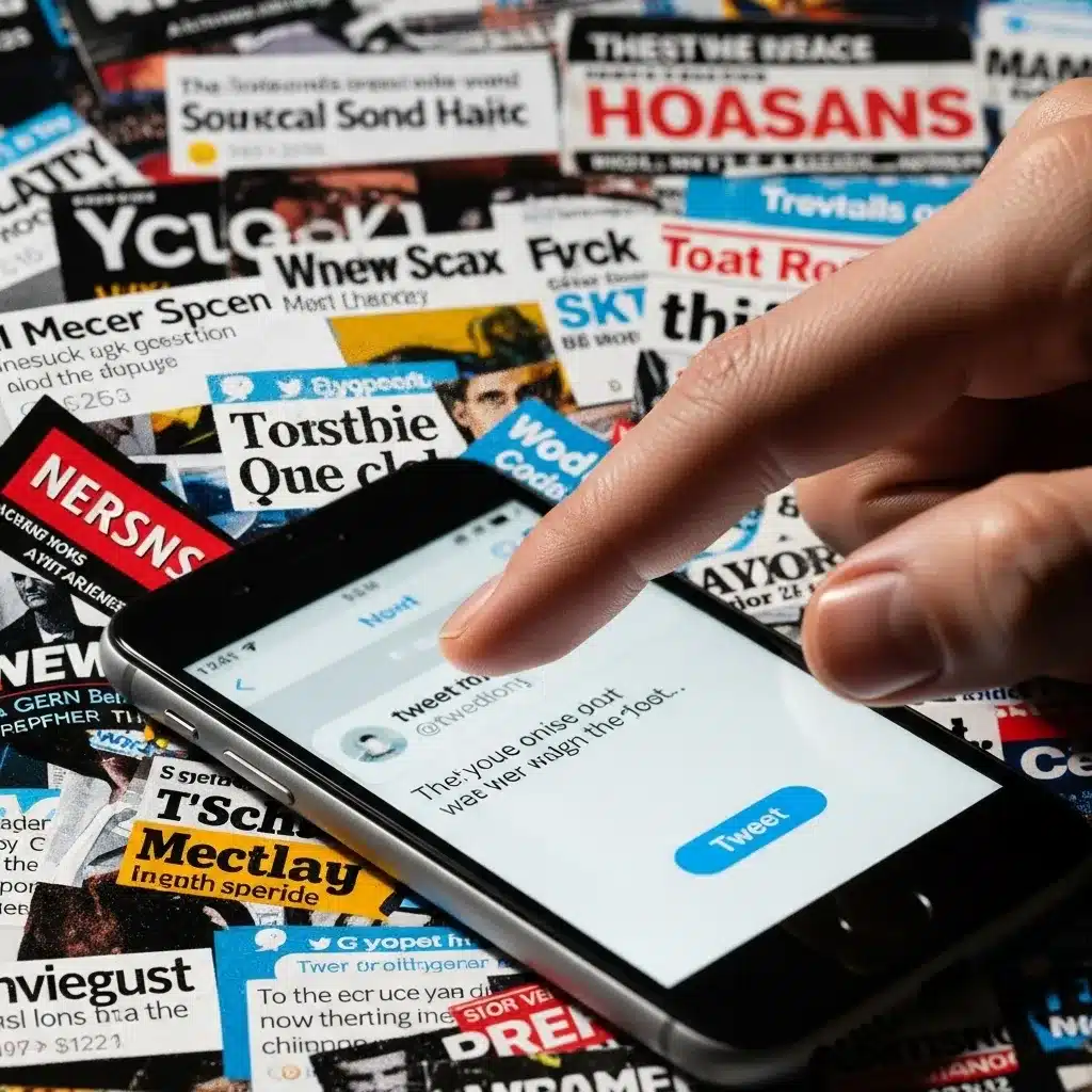 Hand over phone, about to tweet, chaotic background of news and comments.