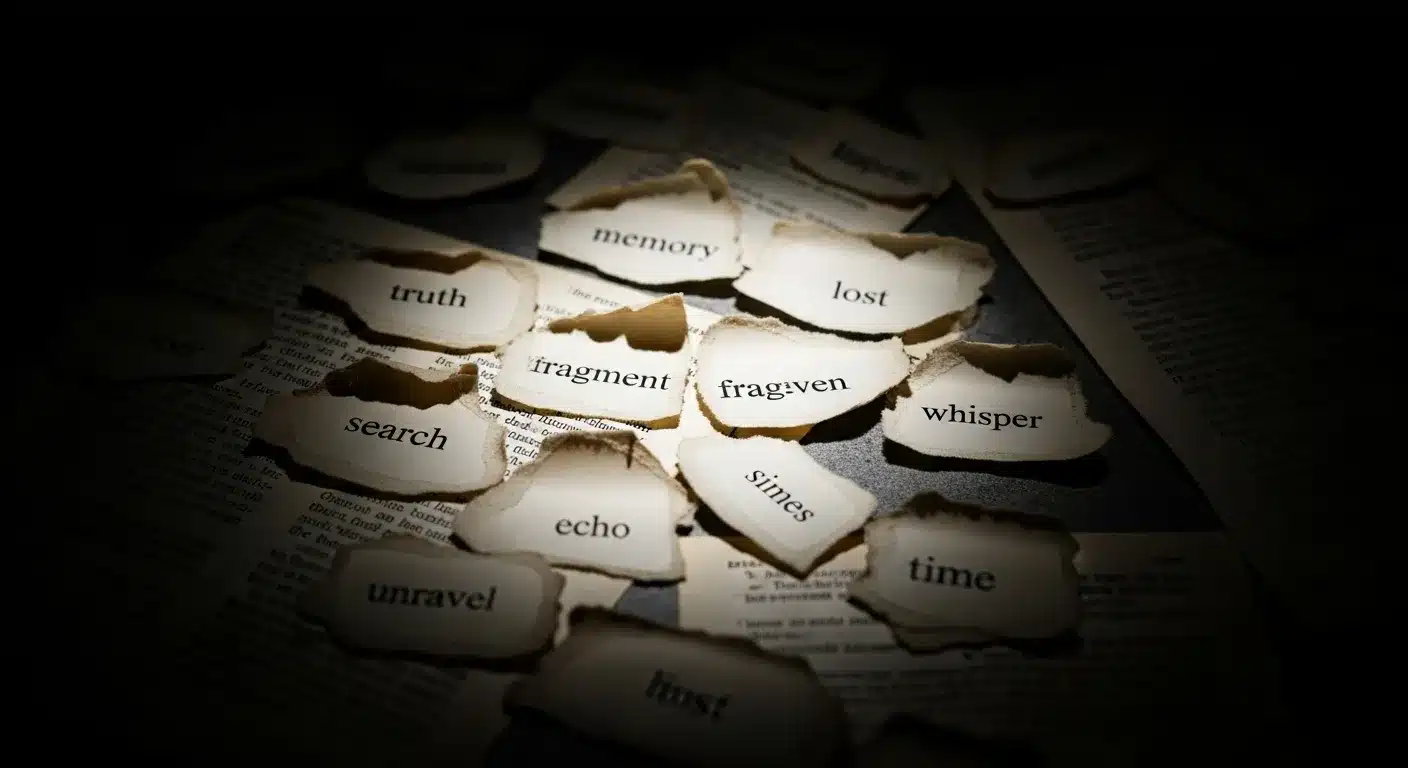 Torn book pages with spotlight on scattered words.