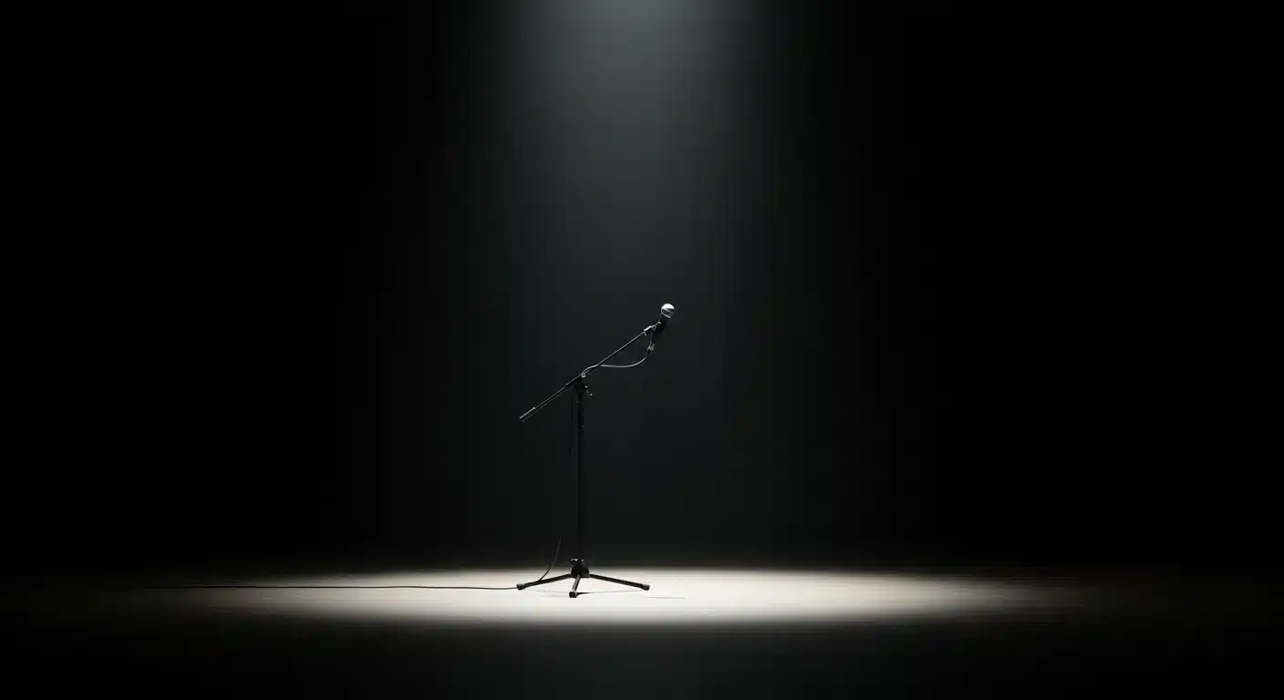 Empty stage with a spotlight and microphone.
