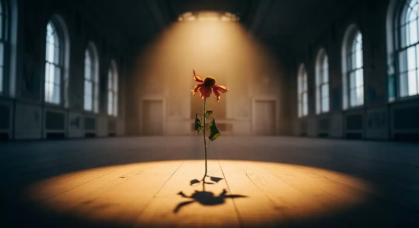 Wilting flower in spotlight, symbolic of fading fame.