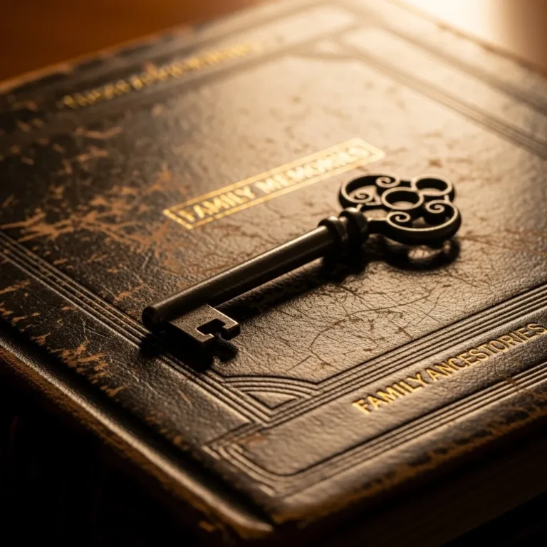 Antique key resting on a family photo album, symbolizing legacy and responsibility.