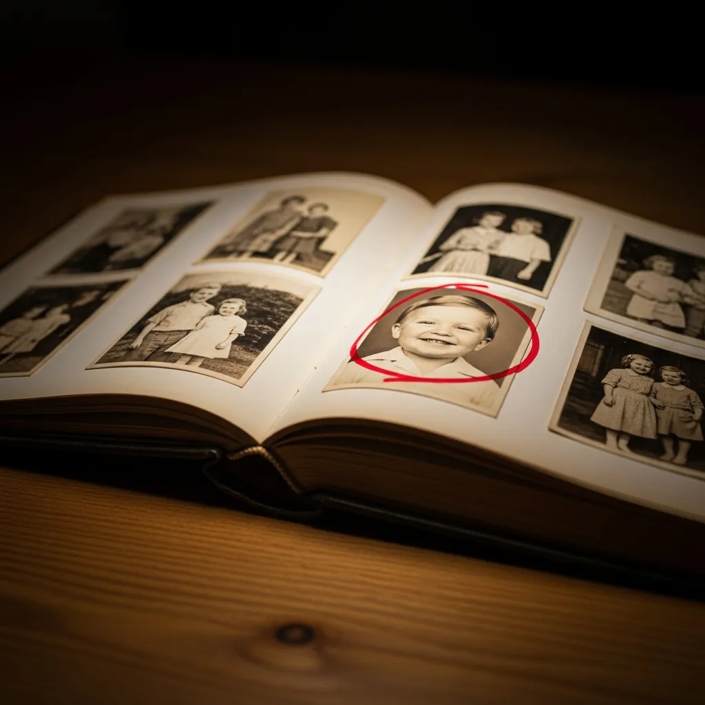 Open photo album with one child circled, suggesting focus and potential bias.