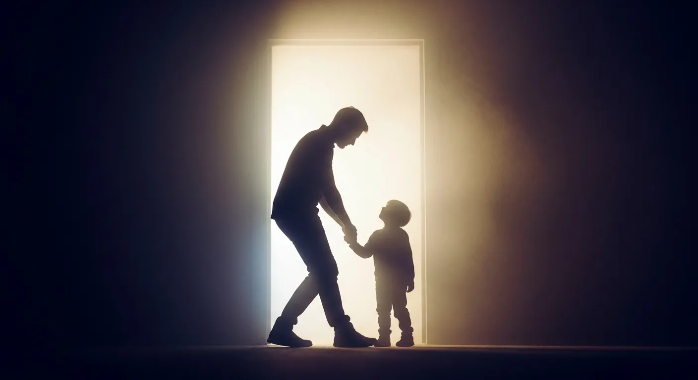 Silhouettes, one guiding another, symbolizing learned behaviors.