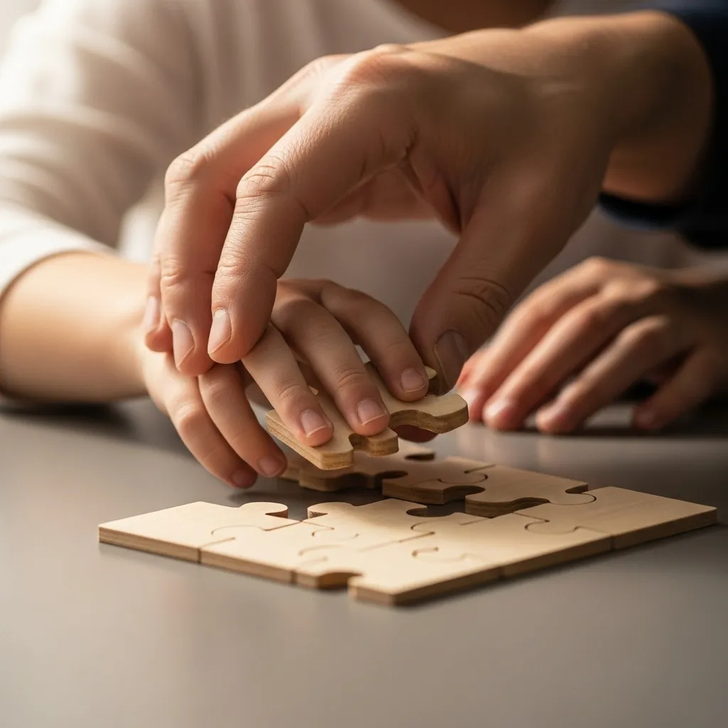 Two hands, one guiding another to solve a puzzle, symbolizing mentorship and learning.