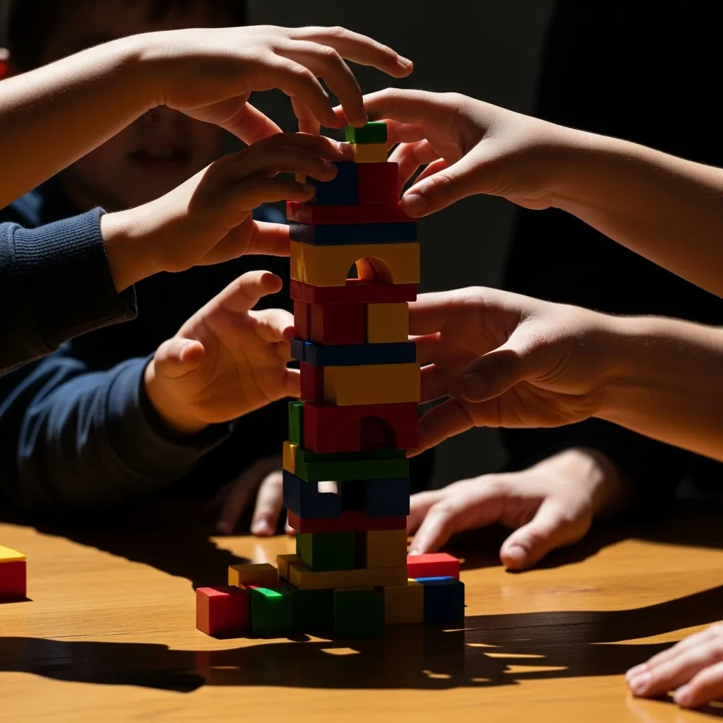 Hands building a tower from colorful blocks, light and shadow.