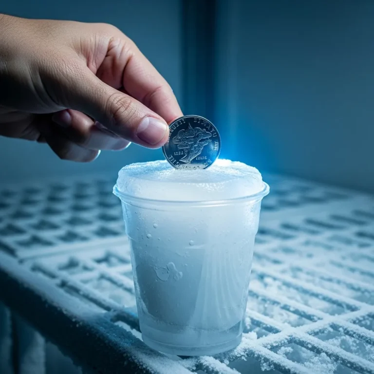 Hand placing a coin on a frozen cup of water in a freezer.