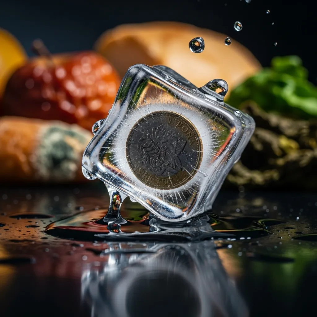 Melting ice cube with coin, spoiled food in background.