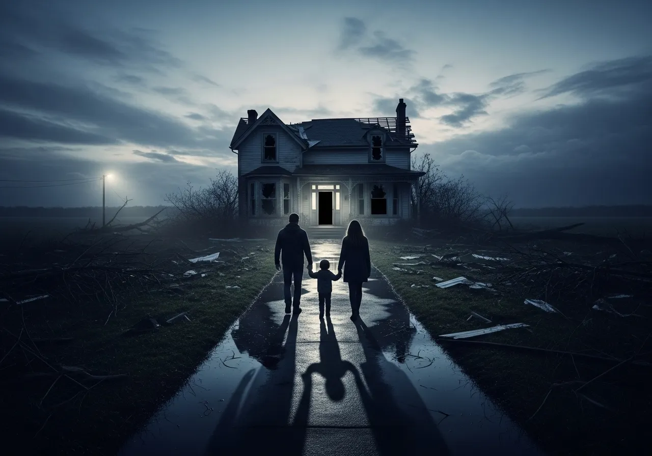 Family returning home after a storm, uncertain about food safety.