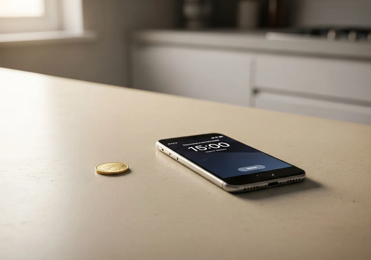 Empty kitchen counter, coin, and smartphone timer.