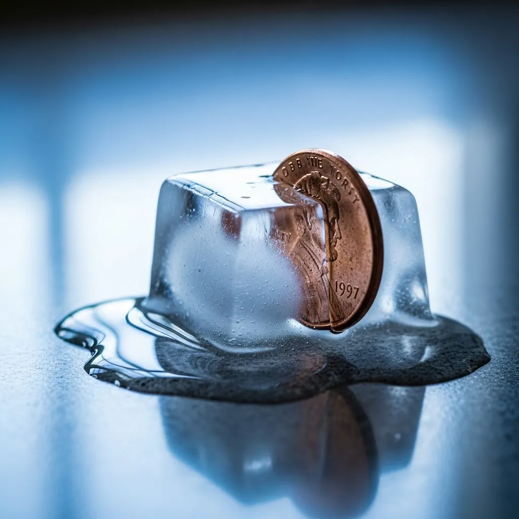 Melting ice cube with embedded coin, symbolizing the passage of time and thawing.