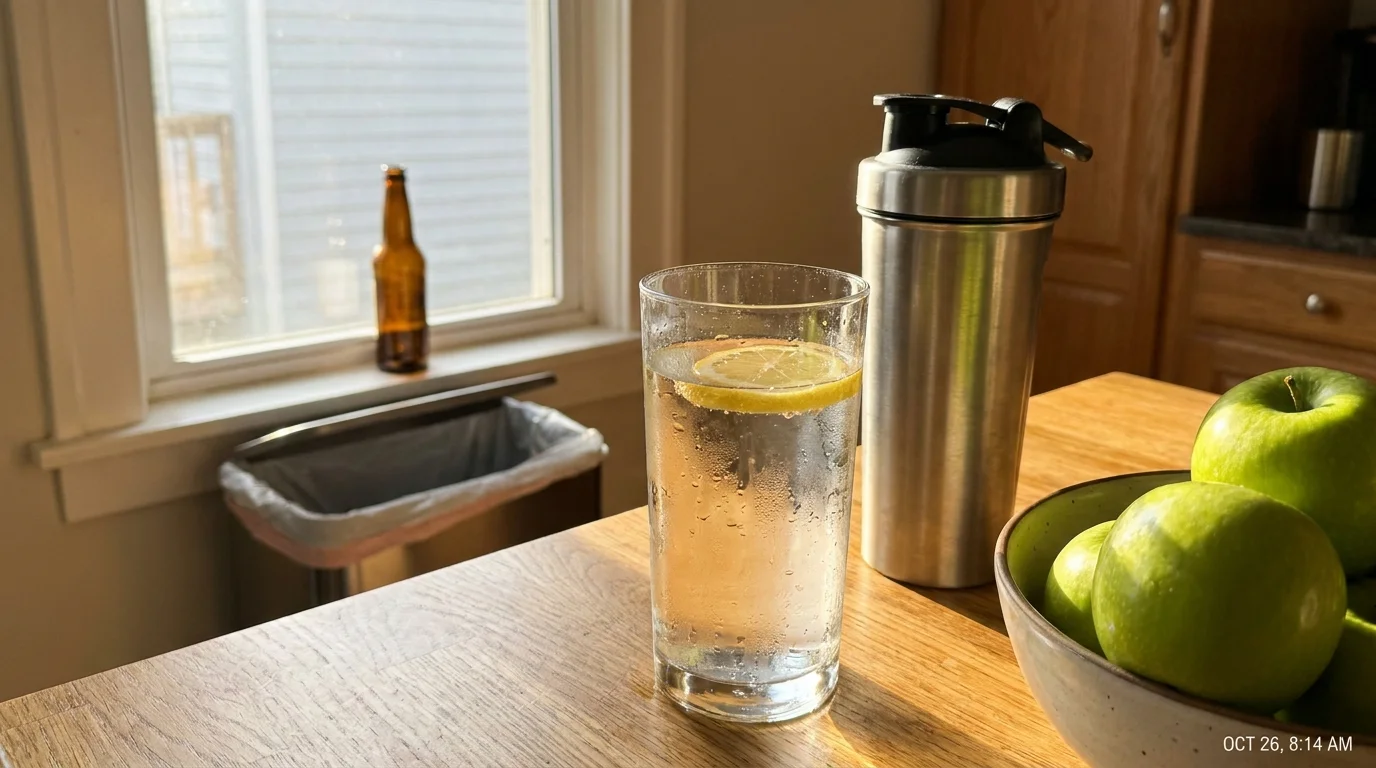 A clean kitchen counter with a protein shaker and water, while a beer bottle is seen in the distant background.