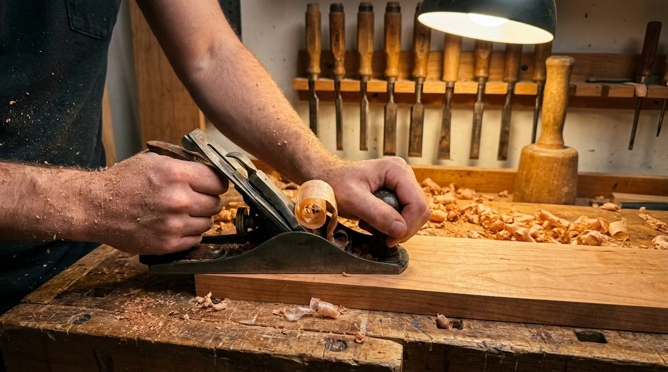 A close-up of hands planing a piece of wood in a workshop with wood shavings scattered around.