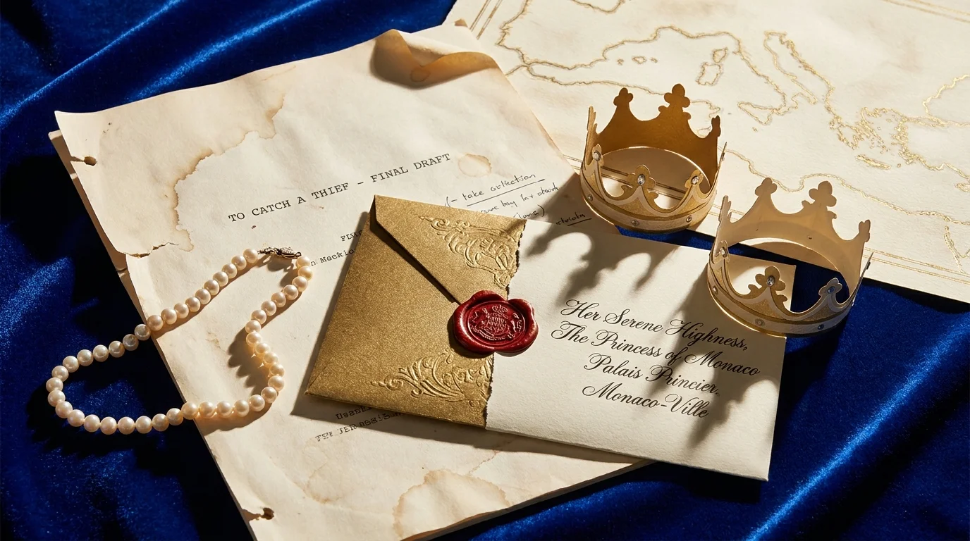 A collage featuring a Hollywood script titled 'To Catch a Thief' being covered by a royal envelope with a wax seal and pearls.