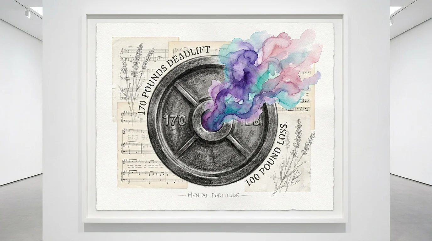 A conceptual art piece featuring a heavy weight plate with colorful watercolor splashes and labels about weight loss and mental health.
