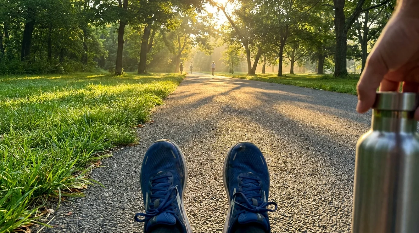 A first-person view of a morning walk in a sunlit park, showing running shoes and a water bottle.