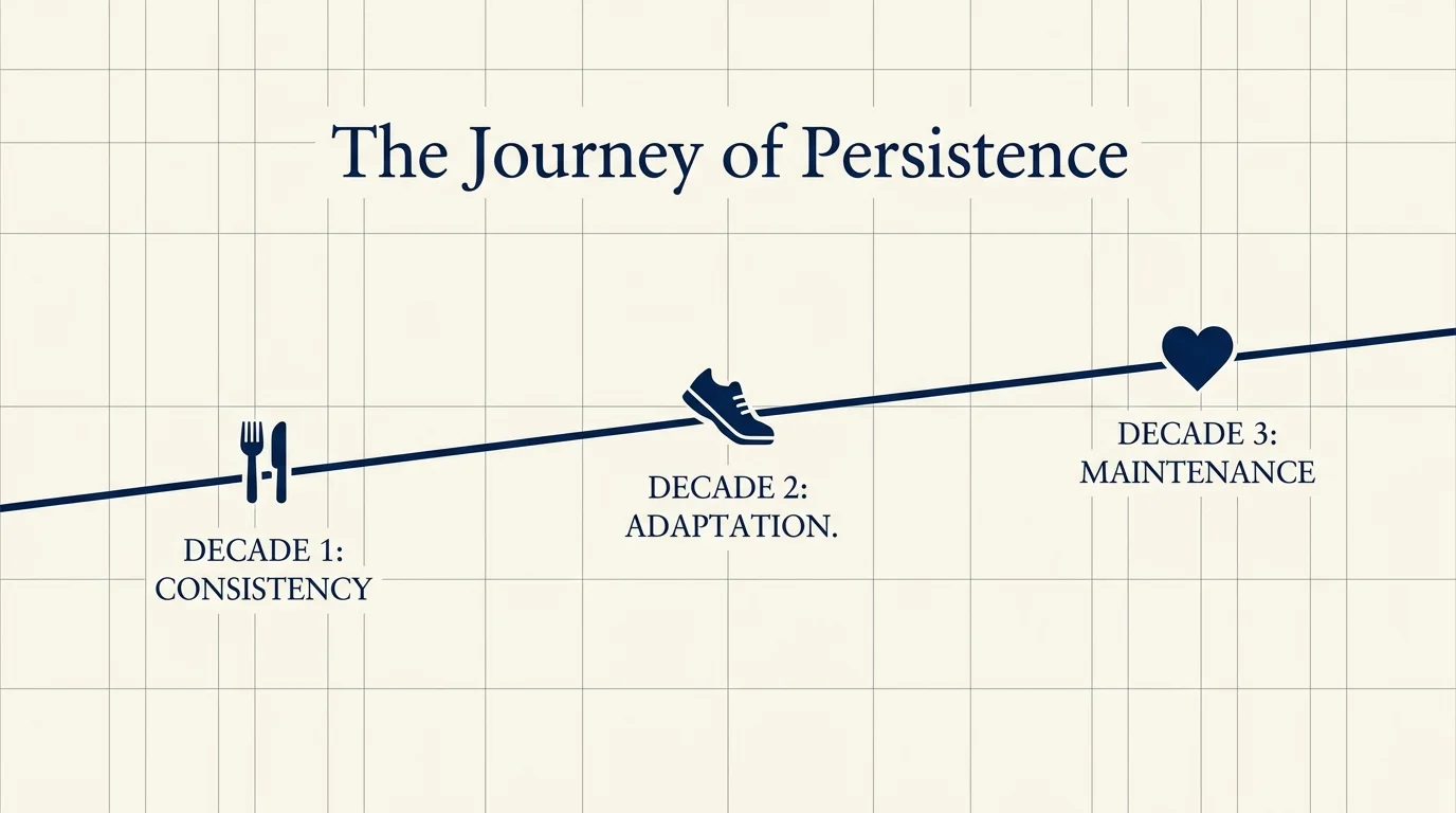 A minimalist timeline showing the progression of a health journey over several decades.