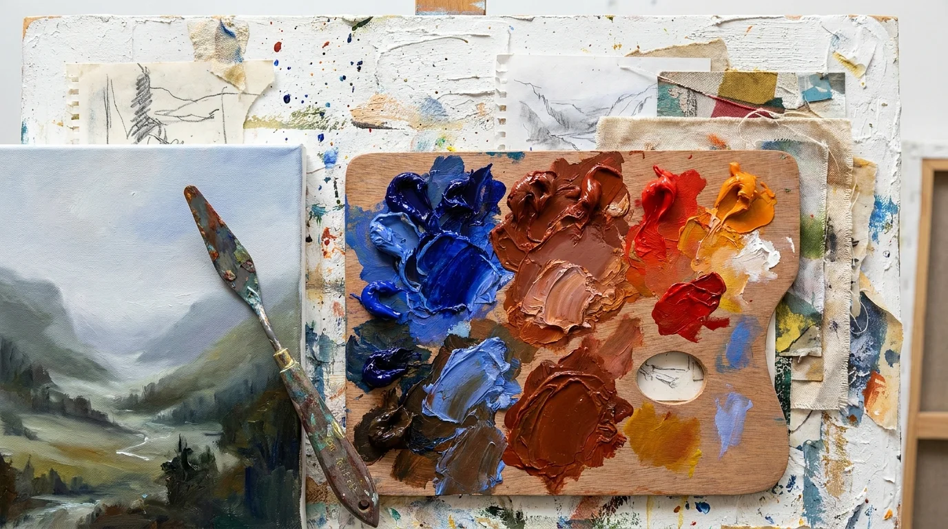 A mixed media artwork showing an artist's palette, palette knife, and a landscape painting in progress.