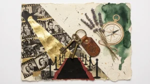A mixed media collage showing film strips and spotlights merging into a quiet scene of lavender and a compass on textured paper.