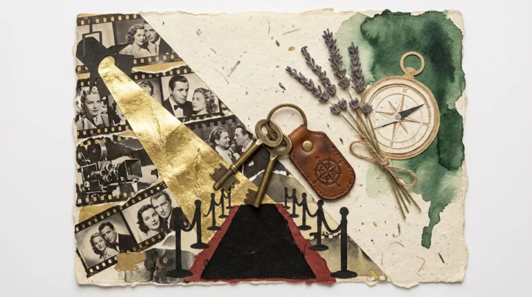 A mixed media collage showing film strips and spotlights merging into a quiet scene of lavender and a compass on textured paper.