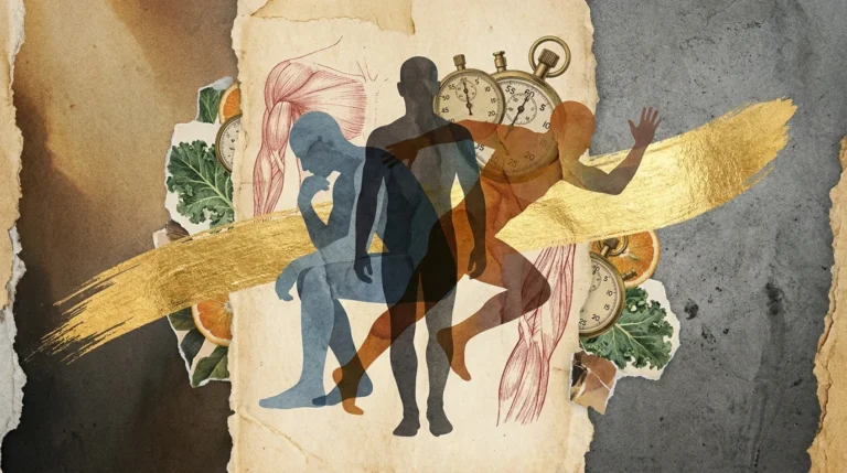 A mixed-media collage showing overlapping human silhouettes and anatomical sketches symbolizing physical transformation and health.