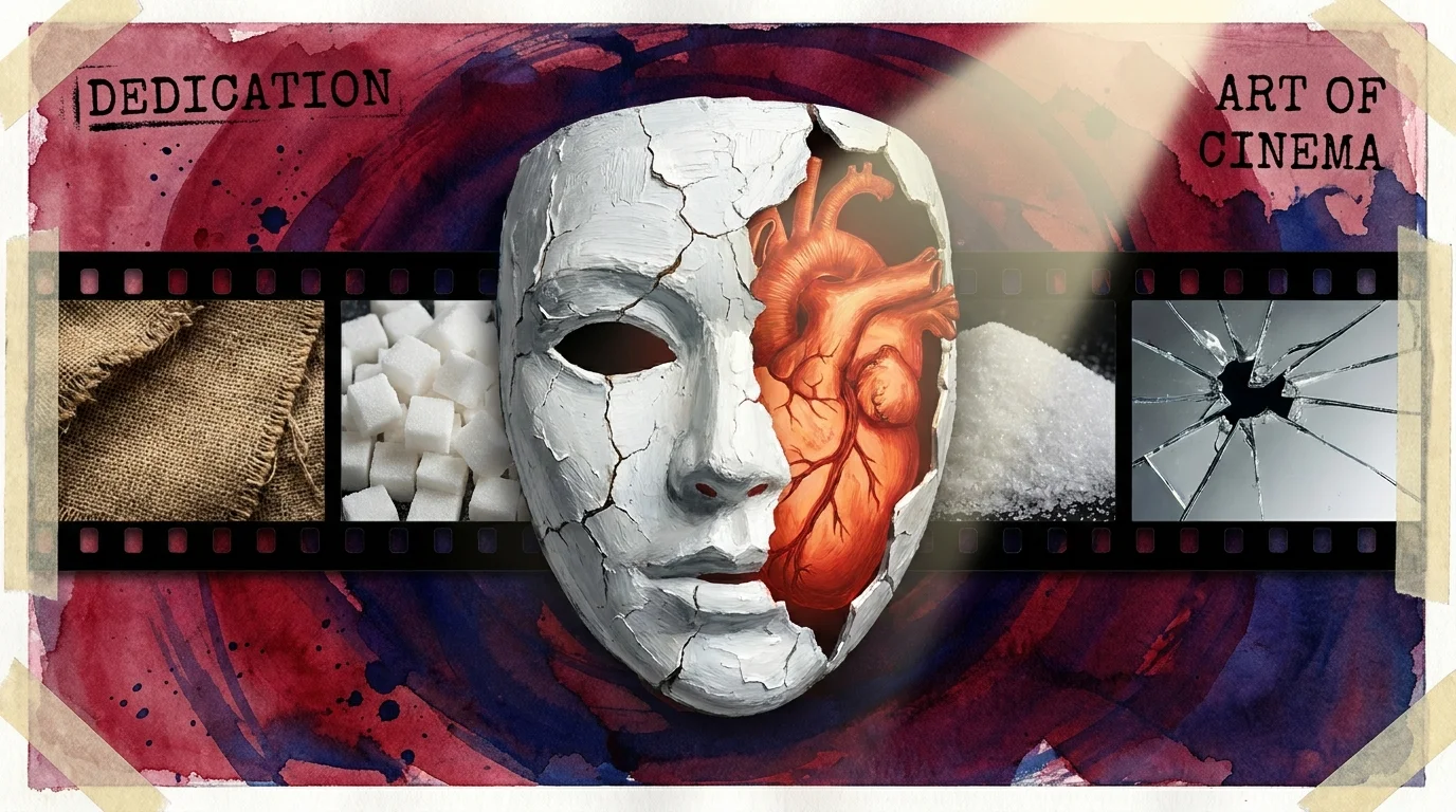 A mixed-media collage with a film strip and a cracking theatrical mask, symbolizing an actor's dedication.