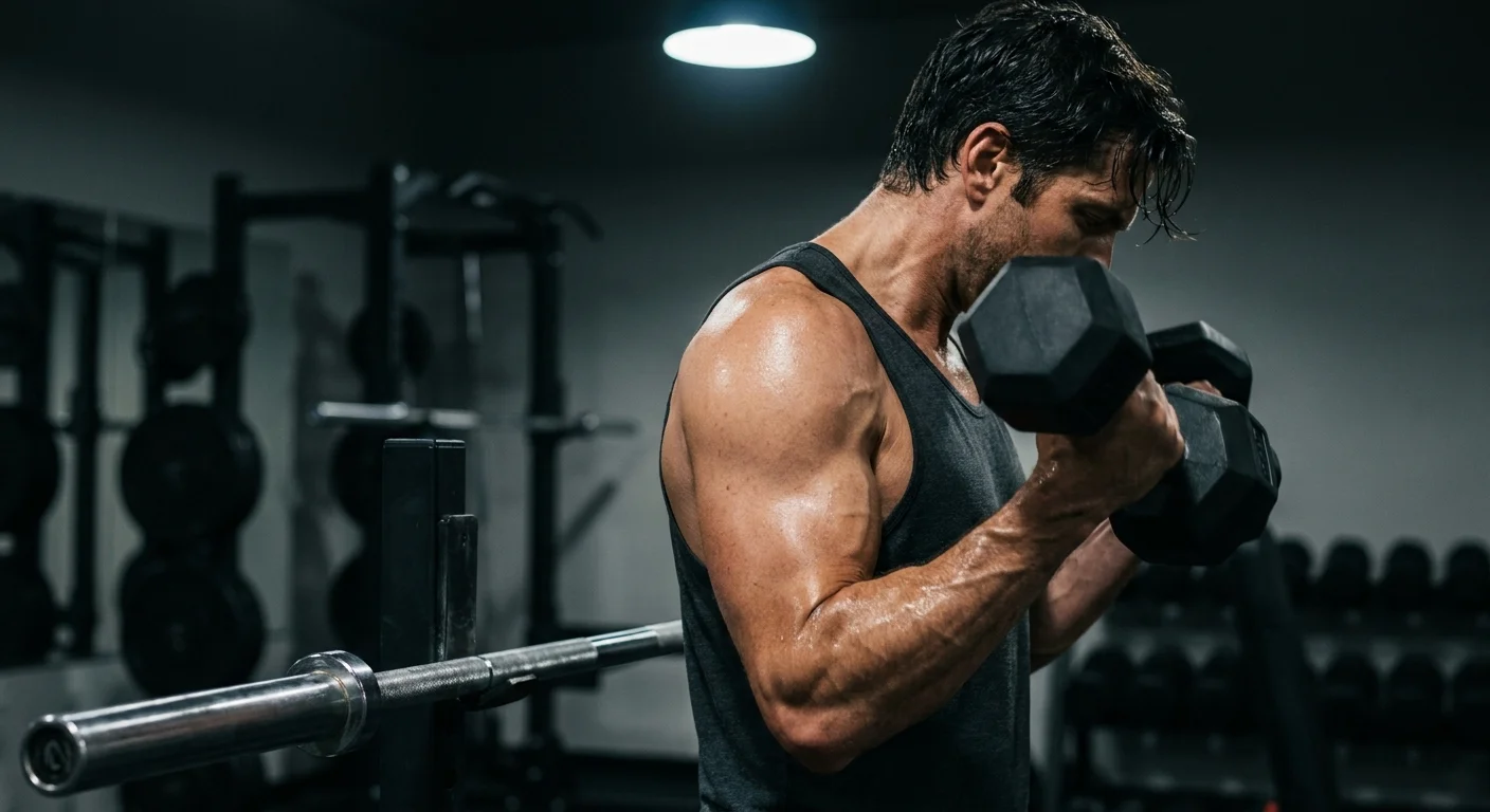 A muscular man in a dark gym performs a focused weightlifting exercise under dramatic lighting.