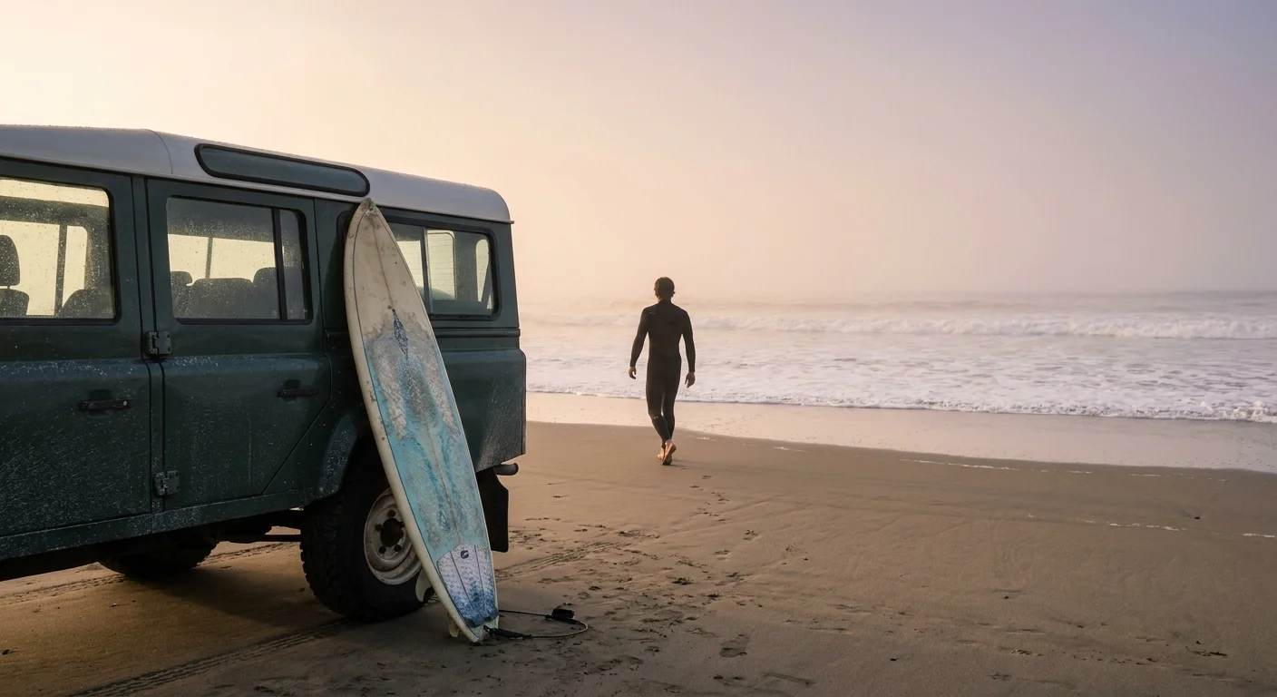 A person walks toward the ocean for a morning surf session next to a parked SUV.