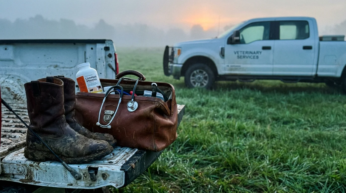 A photo of a veterinarian's medical bag and boots on a truck tailgate in a misty morning pasture.