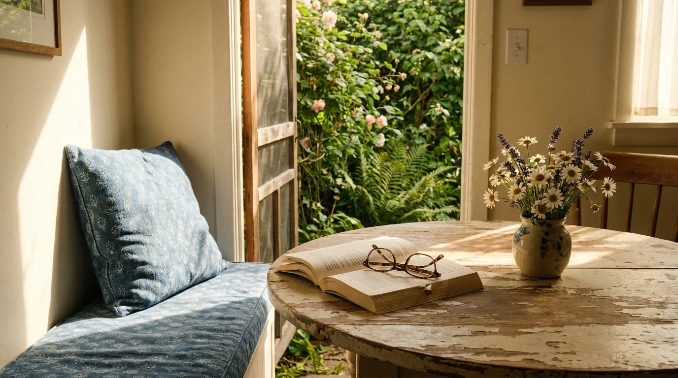 A sun-lit breakfast table with a book, glasses, and flowers, overlooking a private garden.