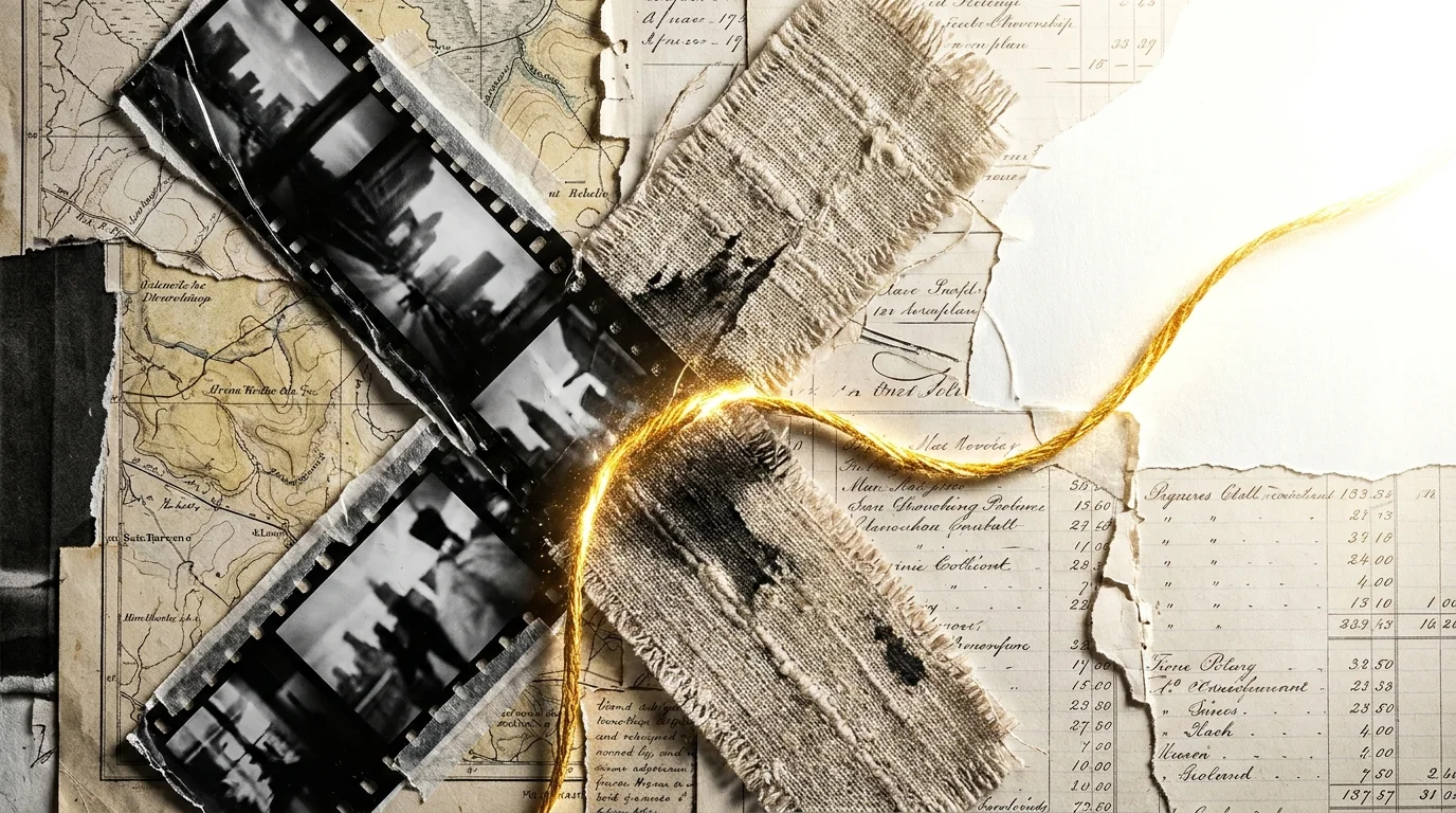 An abstract collage showing a film strip crossing with linen, with a golden thread leading toward a bright white space.