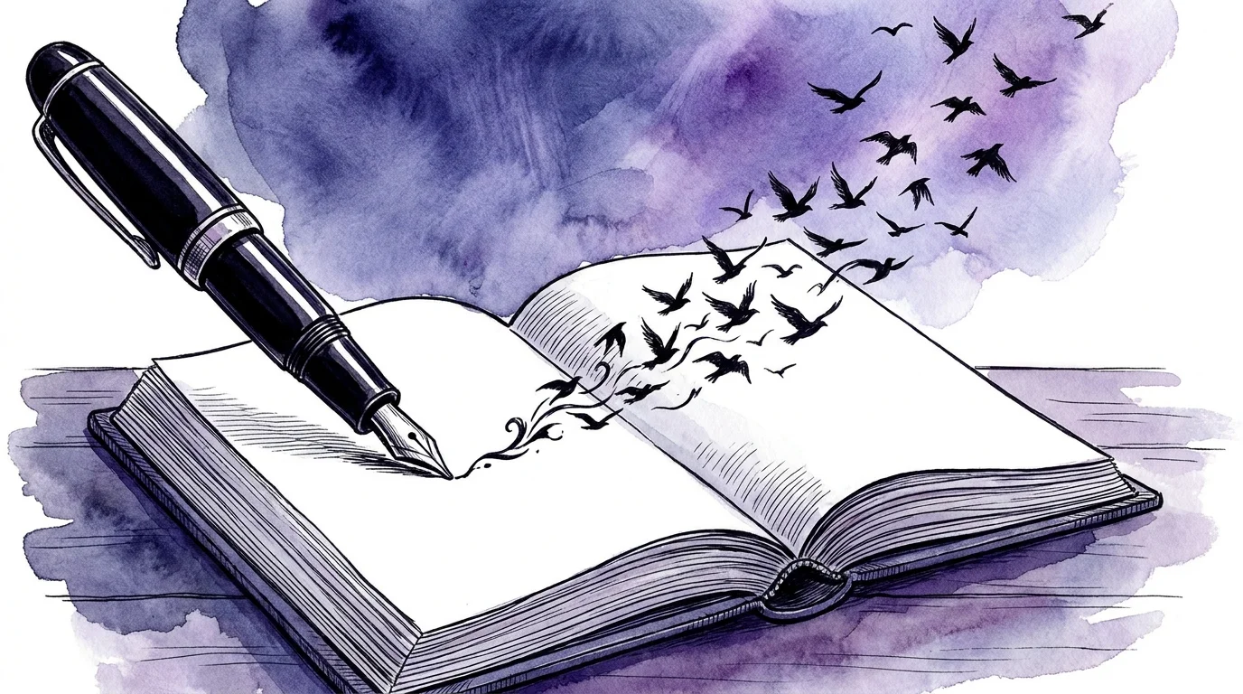 An illustration of a journal where written ink words turn into birds flying off the page.