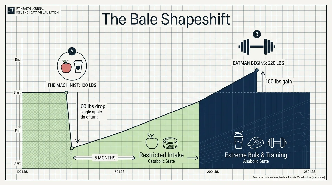 An infographic showing the extreme weight loss and gain Christian Bale underwent for his film roles.