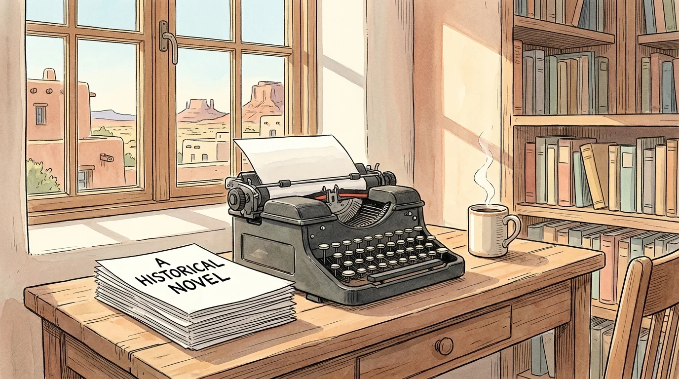 An ink and watercolor illustration of a writer's desk with a typewriter, a manuscript, and a desert view through the window.