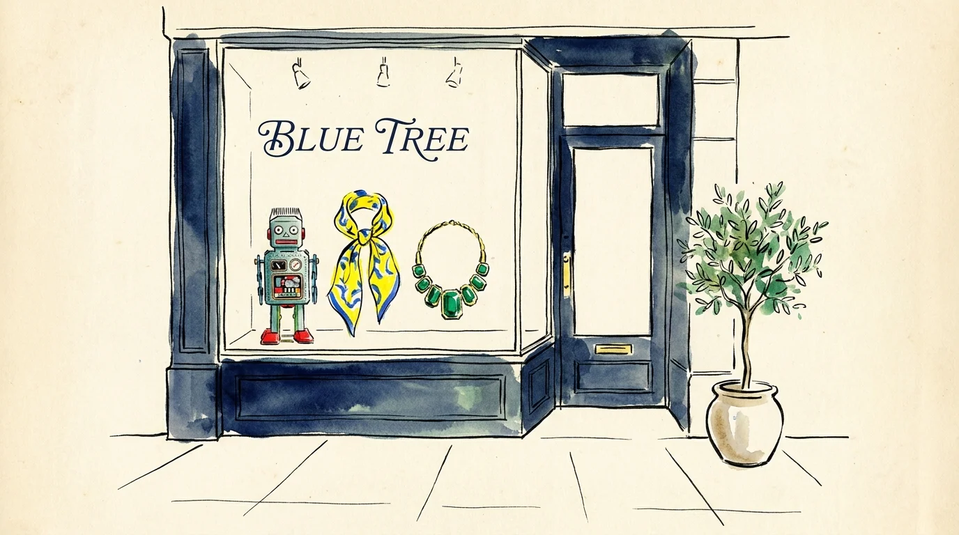 An ink and watercolor illustration of the Blue Tree boutique storefront in New York City.