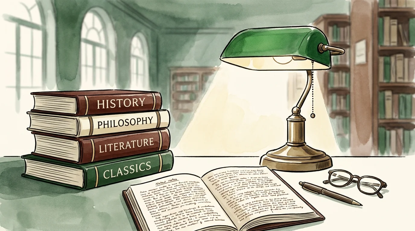 An ink illustration of a stack of textbooks and a banker's lamp on a library table.