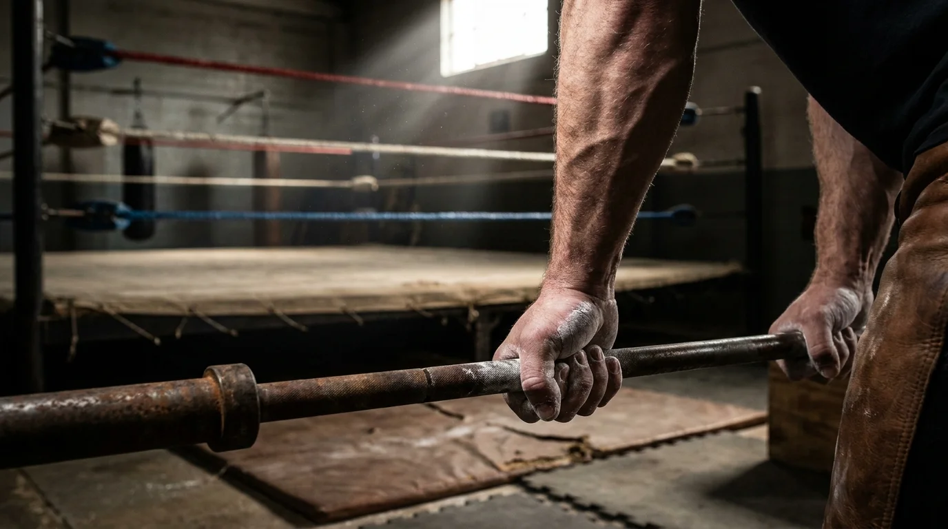 Chalk-covered hands grip a heavy barbell in a gritty wrestling gym with a ring in the background.