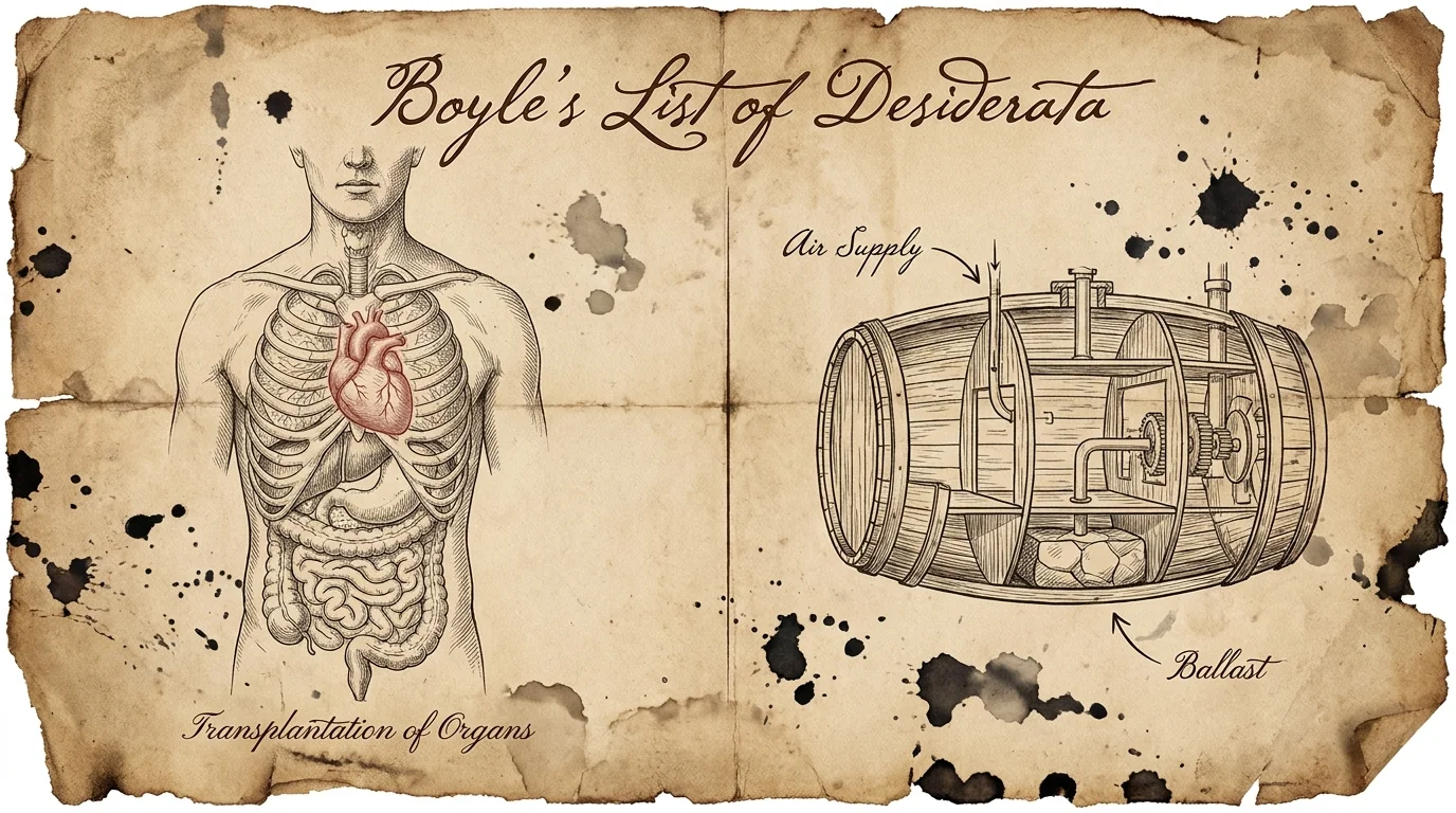 A 17th-century style medical and engineering diagram showing organ transplants and a submarine concept.