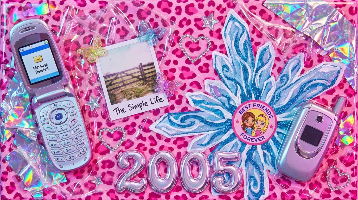 A 2000s-themed collage with flip phones, pink leopard print, and ice crystals, symbolizing a frozen friendship.