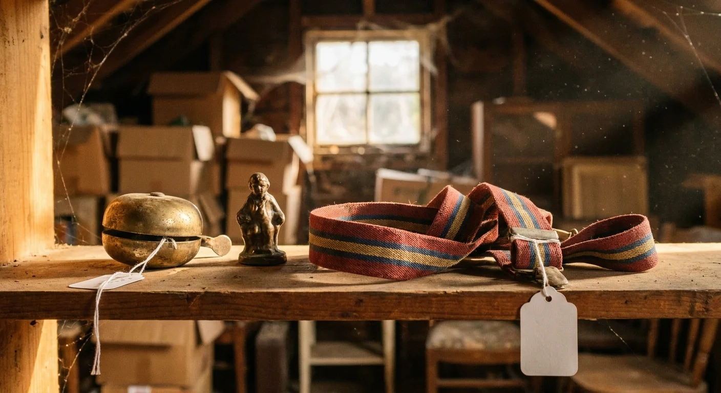 A 35mm film photo of sentimental personal items like a bicycle bell and suspenders with archival tags on a wooden shelf.