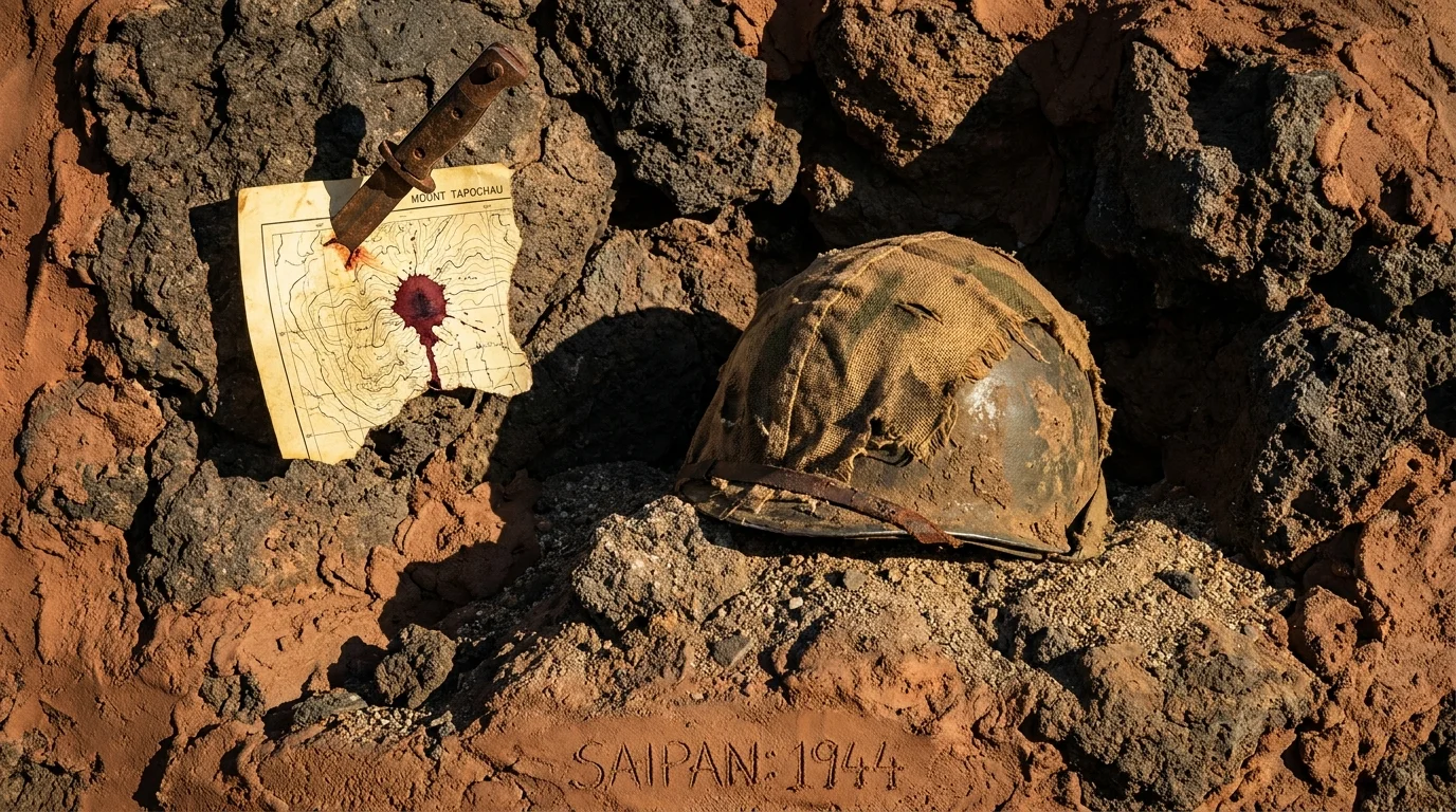 A battered Marine helmet and a map of Mount Tapochau on a background of volcanic rock.