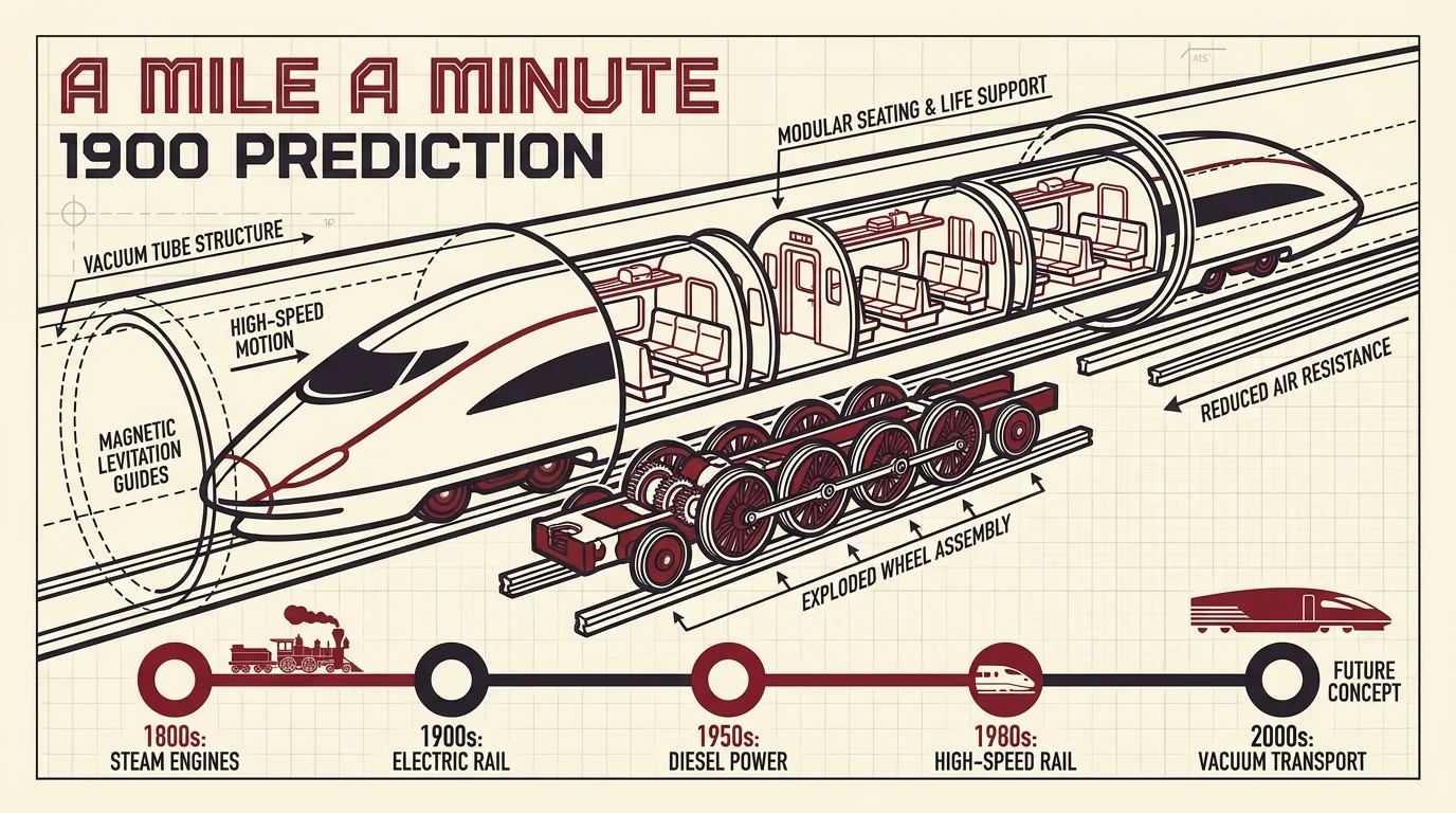 A blueprint-style diagram of a high-speed train moving through a tube, labeled with 1900 predictions.