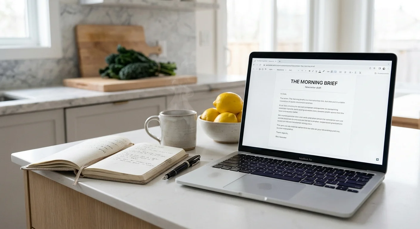 A bright kitchen counter with a laptop, a mug of tea, and lemons, capturing the start of a digital brand.