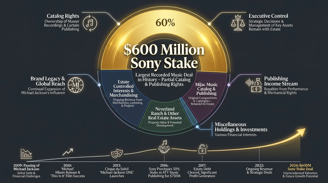 A circular data chart showing the $600 million valuation of a music catalog stake against other estate assets.